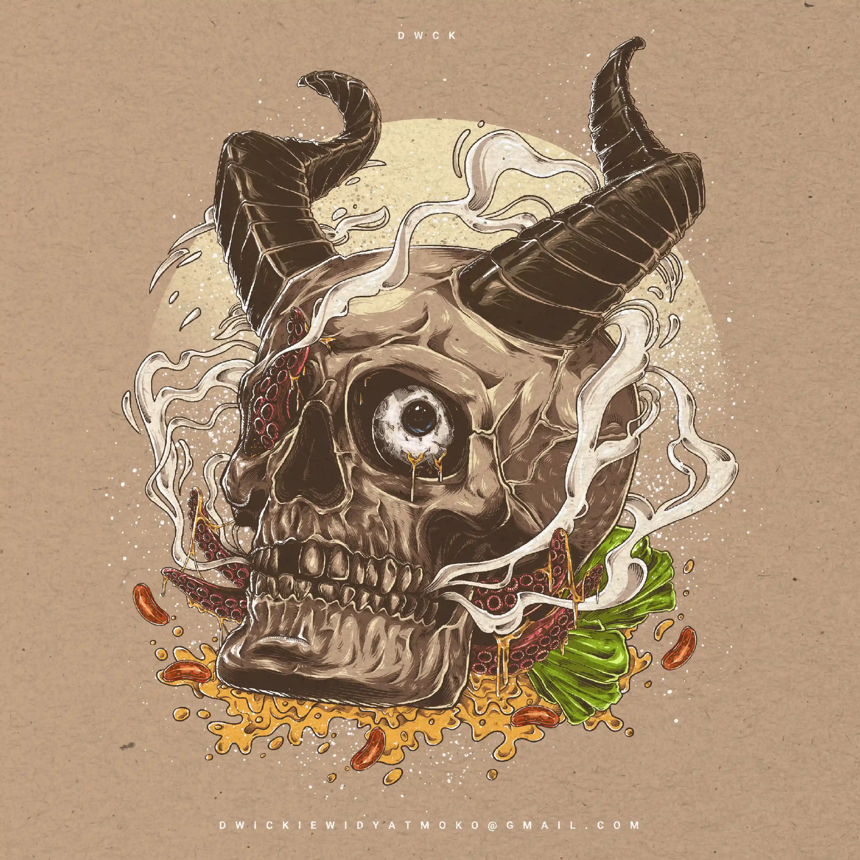 Illustration of a horned skull for ramen kraft packaging.